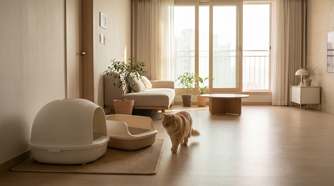 나란히 놓인 덮개형 화장실과 오픈형 화장실, 그 앞에 앉아있는 고양이