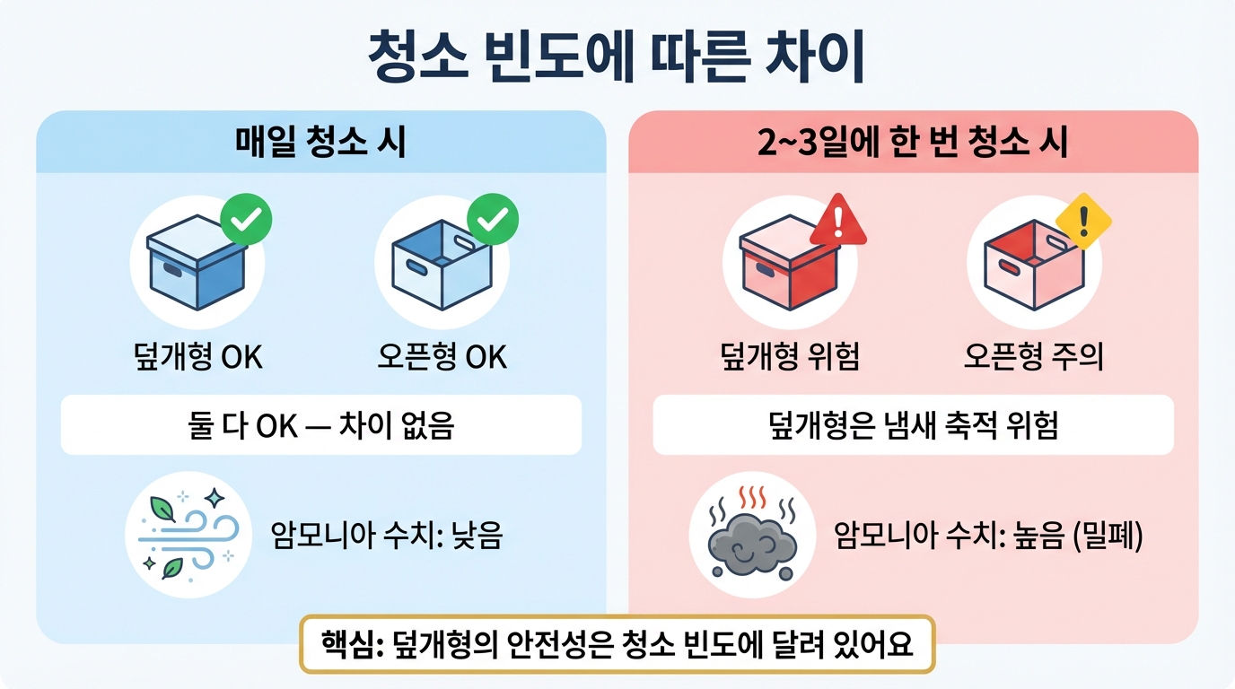 청소 빈도에 따른 덮개형 vs 오픈형 비교 인포그래픽