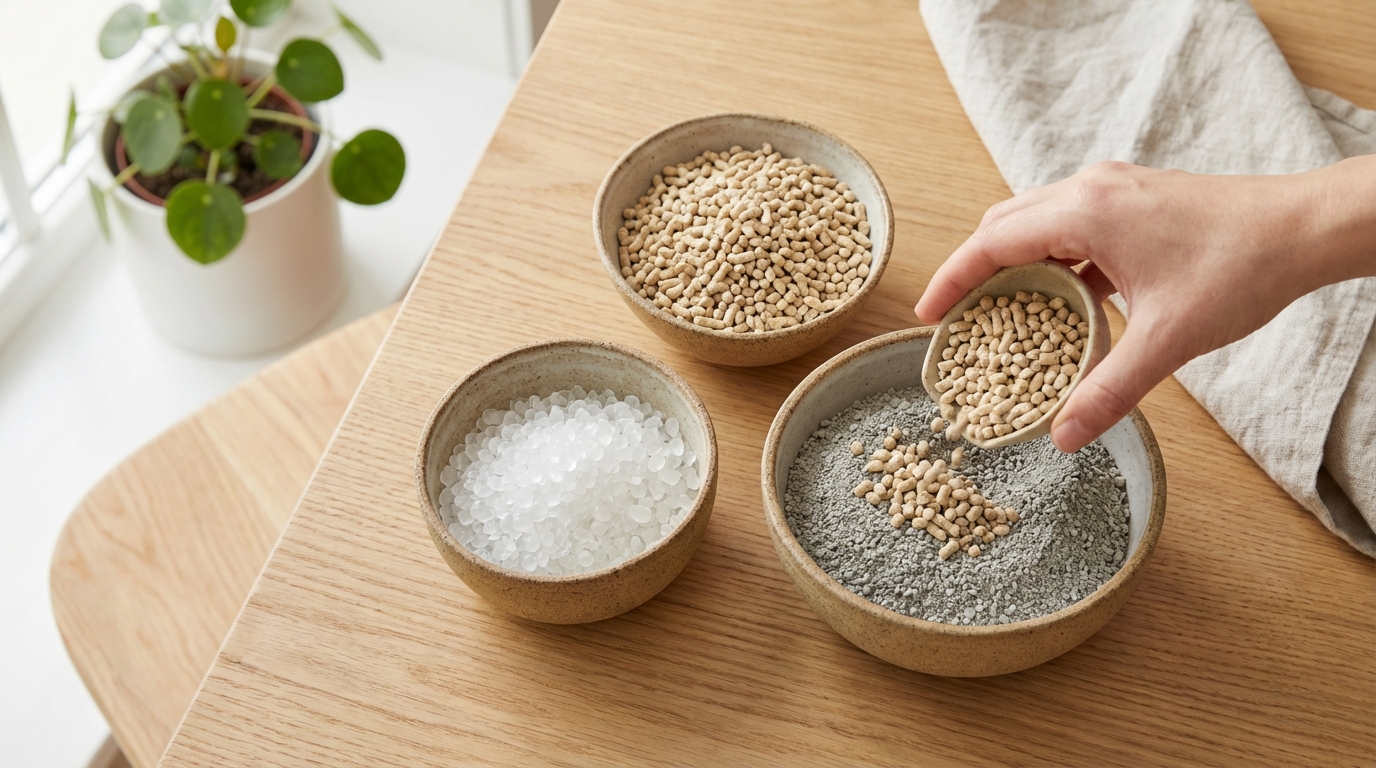 서로 다른 종류의 고양이 모래를 섞으려는 장면 — 벤토나이트와 두부 모래