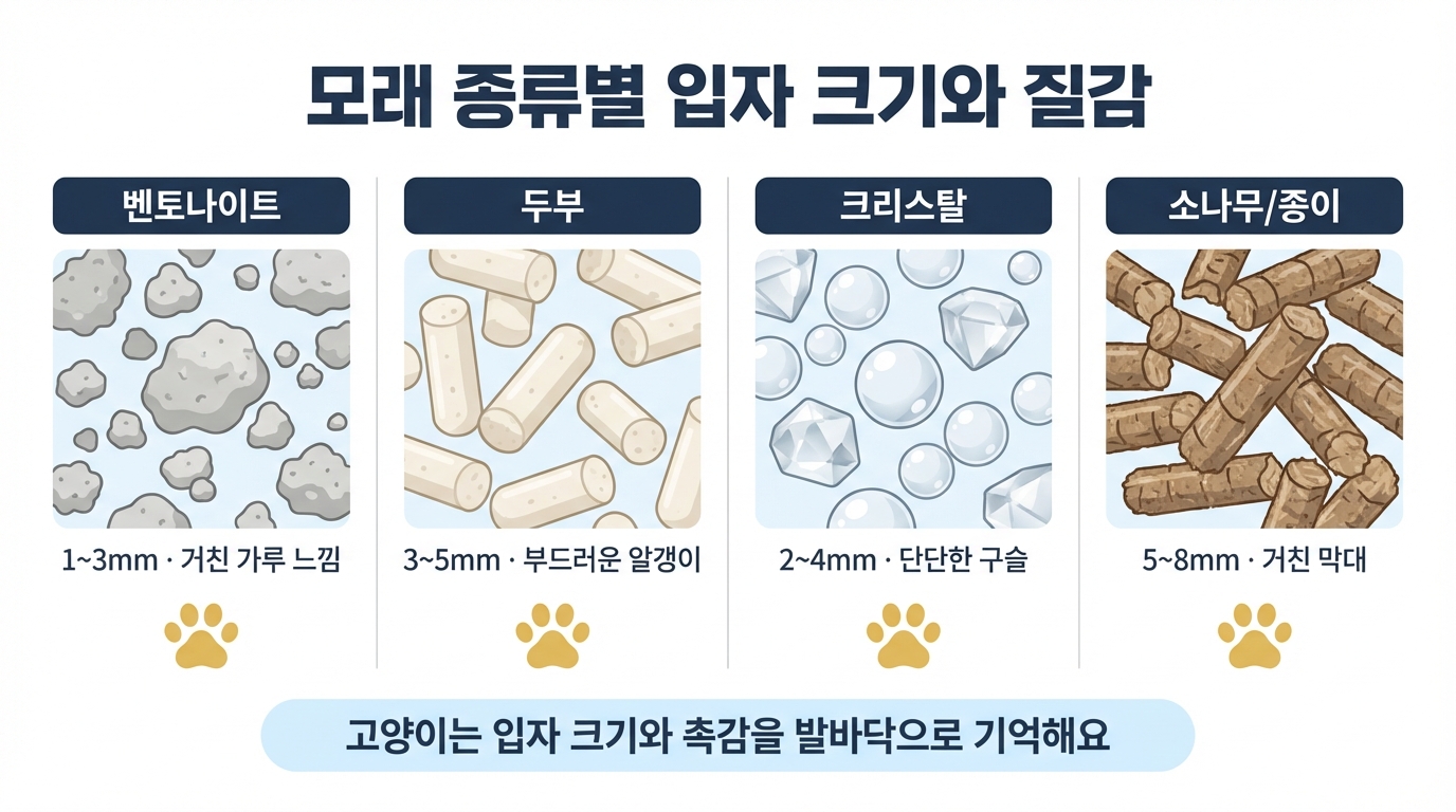 모래 종류별 입자 크기 비교 인포그래픽 — 벤토나이트, 두부, 크리스탈, 소나무